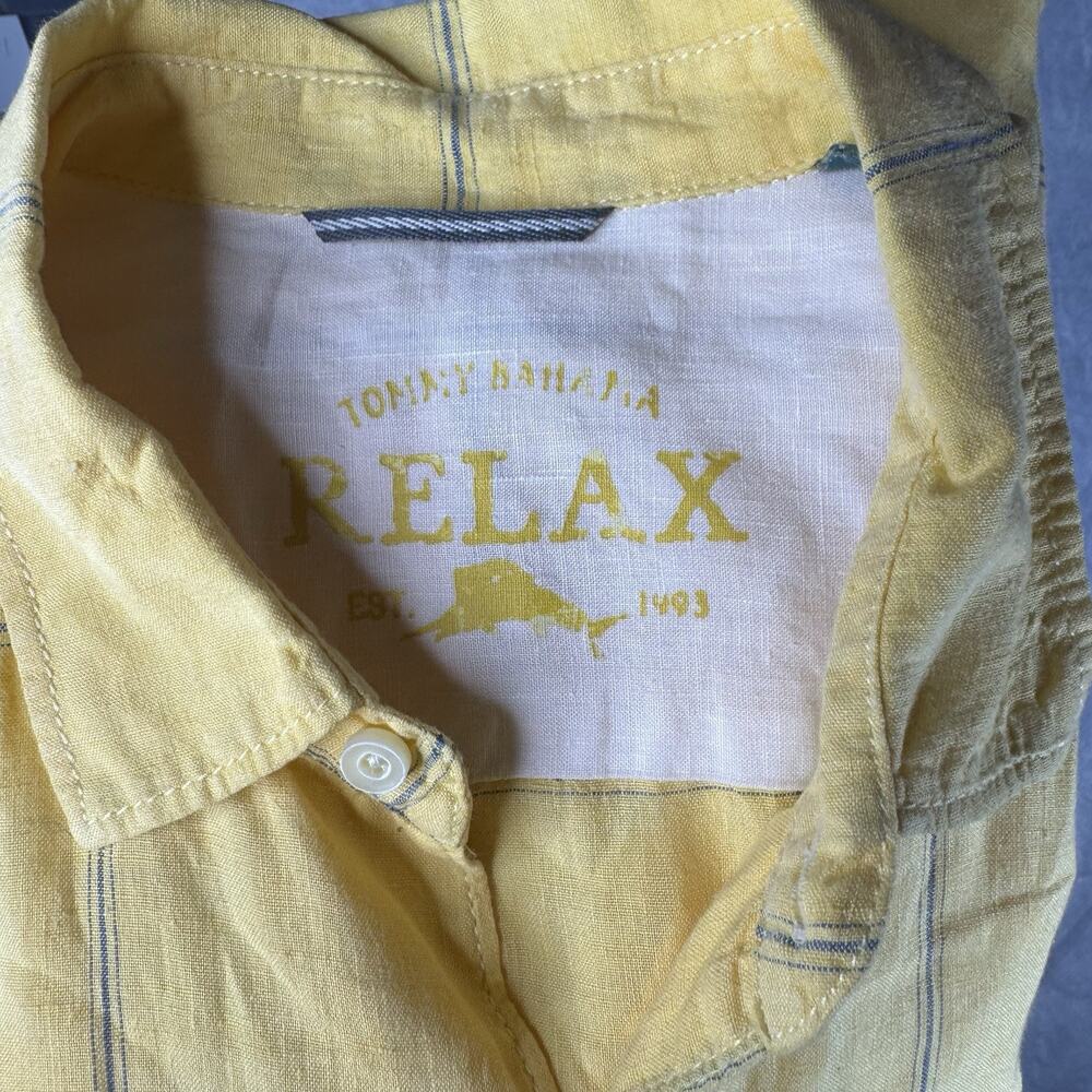 Tommy Bahama Relax Men Large Yellow checked 100% linen Button down Casual Shirts - Picture 14 of 14